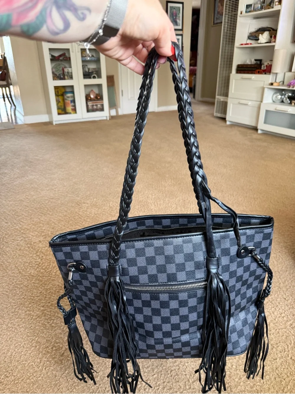 Source Unknown Black Checkered Fringe Tote